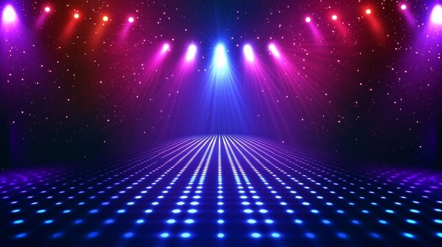 Bright stage lights illuminate a vibrant dance floor for an exciting performance at a nightlife venue - Powered by Adobe