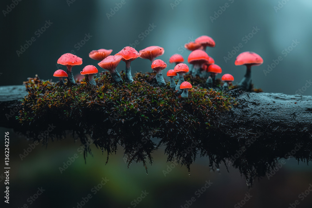 Poster a macro shot featuring vibrant moss and fungi, highlighting delicate organic textures and patterns,
