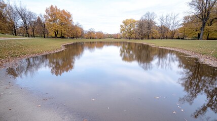 Obraz premium Serene autumn landscape with calm lake reflecting colorful trees, creating a peaceful and picturesque scene.