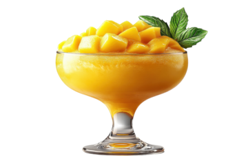 A Refreshing Mango Slushy Dessert, Perfectly Chilled And Garnished With Fresh Mint, Served In An Elegant Coupe Glass Showcasing Vibrant Yellow Hues Isolated on Transparent Background