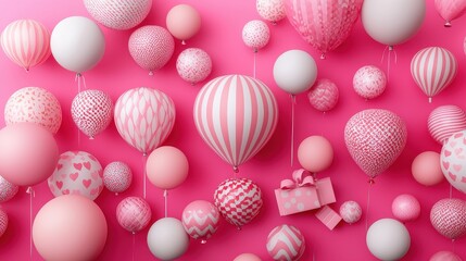 Fototapeta premium Colorful Pink Balloons and Gift Box Arranged on Pink Background