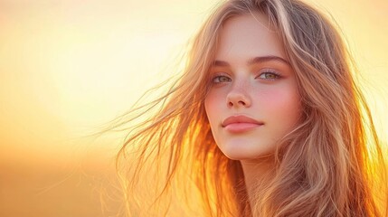 Serene Young Woman with Freckles in Golden Sunset Light