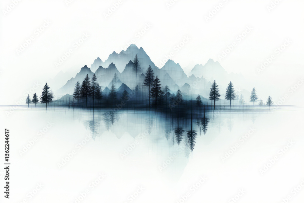Poster a visually provocative artwork of a natural landscape gradually dissolving into digital noise and