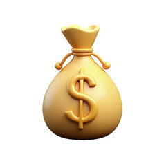 Golden money bag icon with a dollar sign, symbolizing wealth, savings, and financial success. 3D realistic design on a transparant background.
