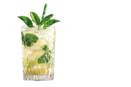 A Refreshing Mint Julep Cocktail, Perfect For A Summer Day, Served In A Diamond-patterned Glass With A Green Striped Straw Isolated on Transparent Background