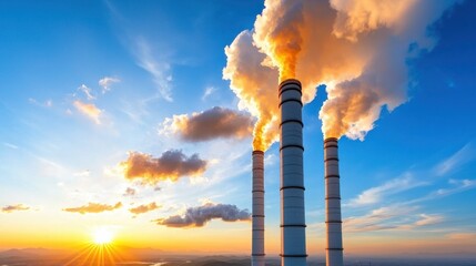 Fototapeta premium Smoke billowing from towering industrial chimneys against a backdrop of a dramatic colorful sunset sky with fluffy clouds