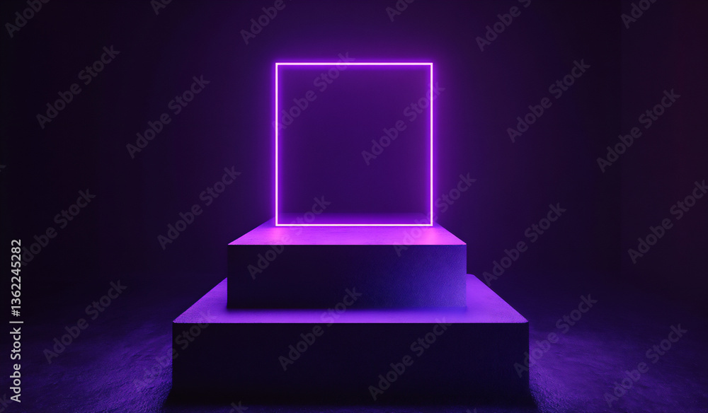 Poster 3d render, black background with purple neon light square frame around podium product display presen