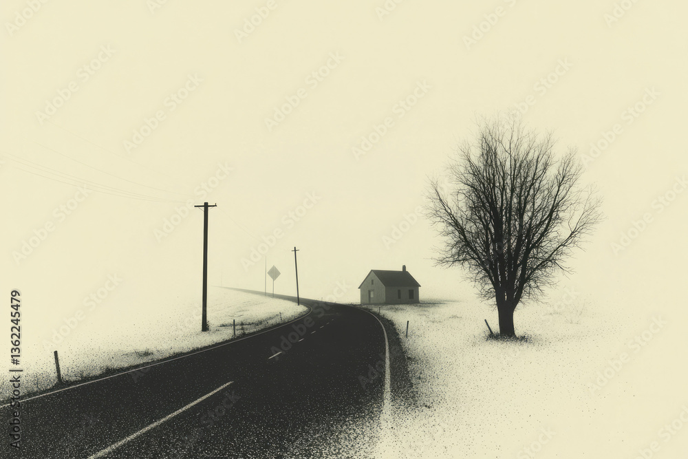 Poster a subtle yet detailed visual of a tranquil roadside scene, depicted entirely through smooth