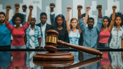 A wooden judge’s gavel with a golden band resting on a polished sound block, placed on a reflective surface. In the background, a mural of diverse people standing together with raised fists
