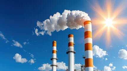 Smoking Industrial Chimneys Emitting Pollutants into the Bright Cloudy Sky  Image showing the environmental impact of heavy industry and the need for clean energy transition