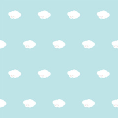 Fluffy White Cute Kawaii Cloud Character Floating in Sky. Positive Lovely Child Friendly Textile Nappy Print. Childish Seamless Pattern Background Design. Smiling Face Cloud Bubble Symbol Element Art
