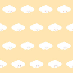 Fluffy White Cute Kawaii Cloud Character Floating in Sky. Positive Lovely Child Friendly Textile Nappy Print. Childish Seamless Pattern Background Design. Smiling Face Cloud Bubble Symbol Element Art