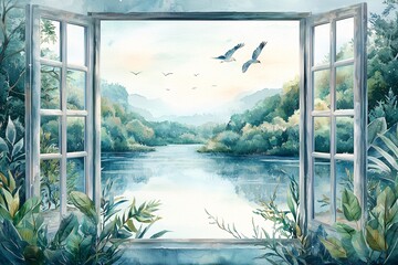 Serene Watercolor Landscape Viewed Through Open Window with Lush Foliage and Birds in Flight