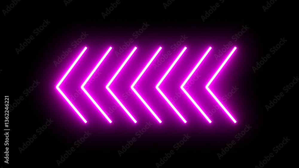 Poster seven 7 shapes of glowing purple neon arrows fade in and fade out motion graphic, right to left arro