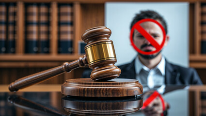 A wooden judge’s gavel with a golden band resting on a polished sound block, placed on a reflective surface. In the background, an image of a journalist being silenced with a censorship mark