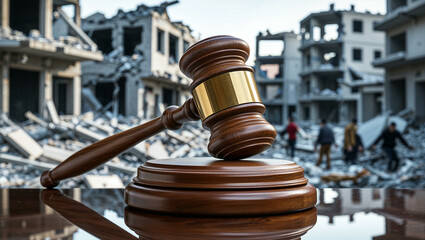 A wooden judge&rsquo;s gavel with a golden band resting on a polished sound block, placed on a reflective surface. In the background, a war-torn city with destroyed buildings and civilians seeking refuge