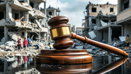 A wooden judge’s gavel with a golden band resting on a polished sound block, placed on a reflective surface. In the background, a war-torn city with destroyed buildings and civilians seeking refuge