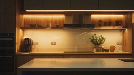 Modern kitchen interior featuring illuminated shelves, coffee machine, and potted plant, evoking warmth