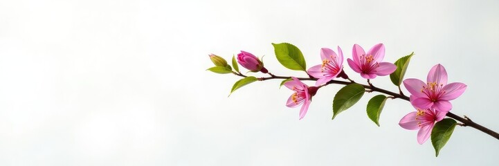 A branch with leaves and flowers on a clean white background, branch, single, floral