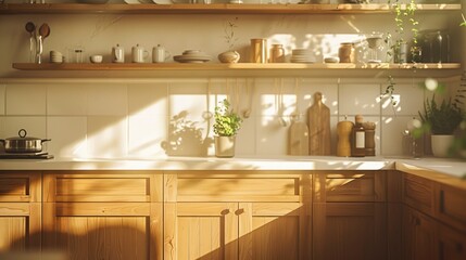 Cozy kitchen interior with wooden shelves, sunlight casting shadows, plants, and cooking items