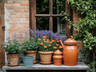 Naklejka premium Clay pots arranged on rustic brick background with tools and gardening materials in sunny outdoor patio environment with terracotta tones and warm shadows