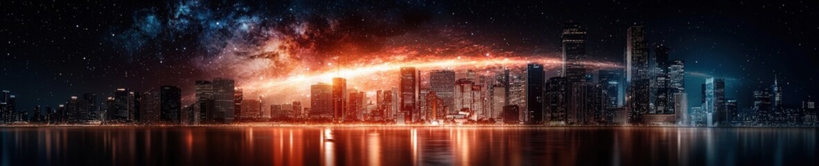 Fototapeta premium Futuristic Cityscape at Night with Cosmic Galaxy Background