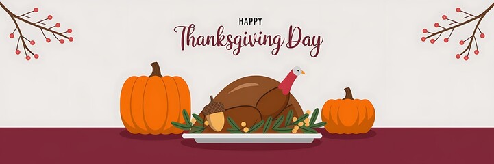 Festive Thanksgiving scene with a roasted turkey adorned with an acorn surrounded by green leaves two pumpkins and 'Happy Thanksgiving Day' text on a maroon background with red berries in the corner
