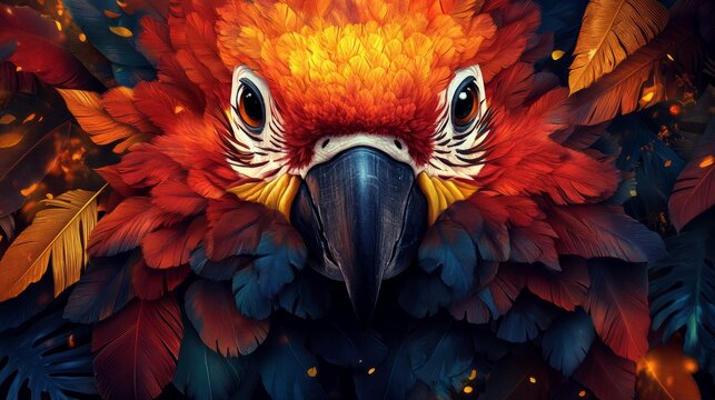 Bright and happy parrot face with colorful feathers, tropical background 
