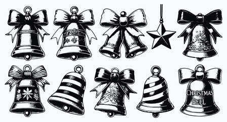 Vintage Christmas bell illustrations with elegant ribbon and star ornaments, perfect for holiday designs, in a classic black and white vector style