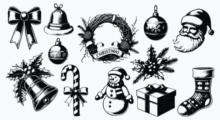 Elegant festive vintage illustrations, Christmas-themed drawings including ornaments, a snowman, gift, and more elements to evoke the joy of the holiday season