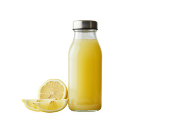 A tall glass bottle of homemade lemon juice, with a metal cap and minimalist branding, next to fresh lemon slices, isolated on a solid white background.