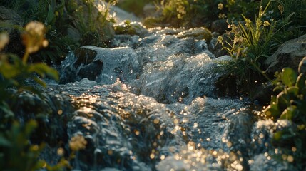 Sparkling stream flowing over rocks, surrounded by lush greenery and wildflowers in soft sunlight