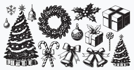 Festive christmas vector icons set with holiday elements decorations, perfect for seasonal design and holiday greetings. 