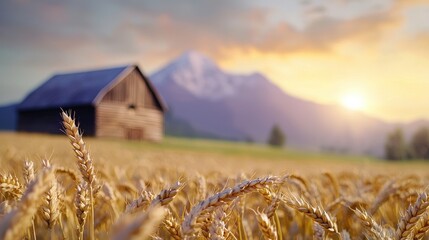 Picturesque old barn nestled in a lush rolling countryside landscape with a majestic mountain peak in the background during a beautiful autumn sunset  Peaceful tranquil and serene rural scene