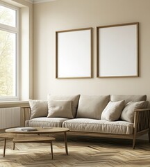 Minimalist living room with beige sofa, wooden coffee table, and two empty frames.