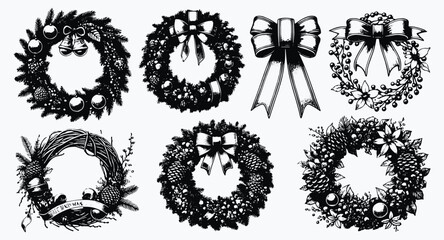 Collection of decorative Christmas wreaths illustrated in monochrome style, adorned with festive bows, bells and ornaments for holiday decor