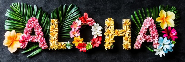 Vibrant ALOHA Floral Arrangement with Tropical Flowers and Leaves on Black Background