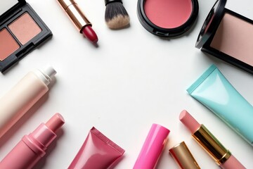 Assortment of various cosmetics, on a seamless white backdrop, professional, isolated, mascara