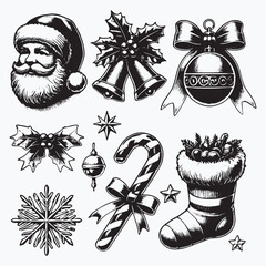 Set of Hand-Drawn Christmas elements including Santa Claus, bells, ornaments, and other festive decorations creating a vintage atmosphere