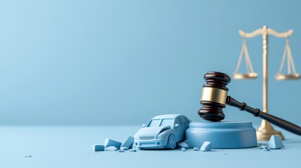 Obraz premium Car accident lawsuit concept, featuring a gavel and an overturned car figure on a legal desk.