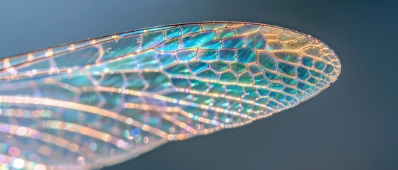 Close-up of an iridescent insect wing showcasing intricate patterns and colors against a soft background