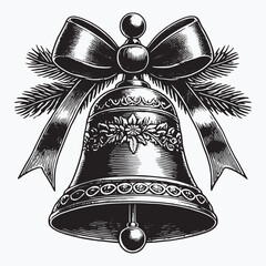 Vintage christmas bell Illustration in monochrome with a decorative bow and festive details, perfect for holiday designs