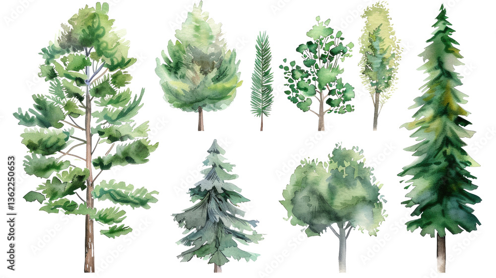 Aufkleber watercolor trees: a collection of watercolor trees in various shapes and sizes. perfect for adding a