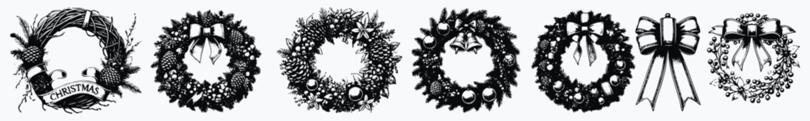 Decorative wreaths set in monochromatic shades showcasing traditional festive embellishments and botanical elements in an artistic display