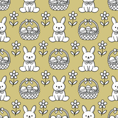 Easter eggs baskets and rabbits. Seamless vector pattern for fabric design, wrapping paper, wallpapers.  Hand drawn.