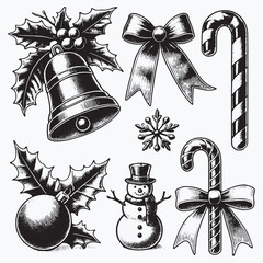 Festive vintage-style christmas ornaments with a hand-drawn look, perfect for holiday-themed design projects, vintage vector illustrations