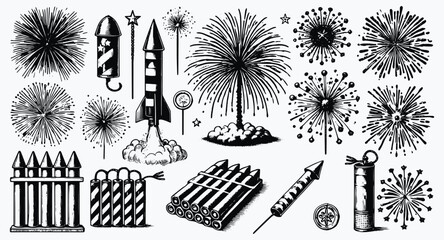 A variety of fireworks in black and white, ready for celebration and festive moments, artistic style, for illustration and design needs, vintage illustration