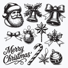 Vintage Christmas illustrations, featuring Santa Claus, bells, ornaments, candy cane, and Merry Christmas text in a festive style, creating a cheerful, joyful mood for the holiday season.