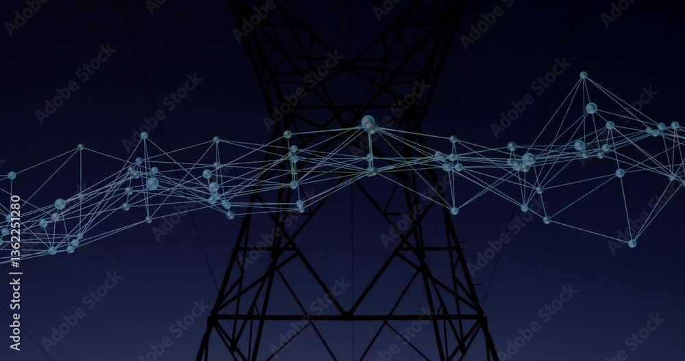 Poster network of connections and data processing animation over power line structure