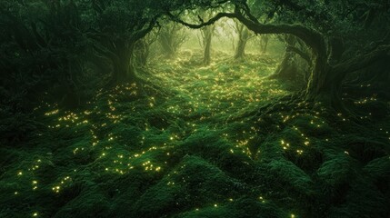 Fototapeta premium Mystical Enchanted Forest Landscape with Glowing Lights and Lush Greenery Atmosphere